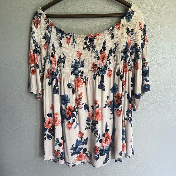 Cream Blue Pink Size XL Rewind Y2K Smocked Off The Shoulder Floral Print Top - Picture 2 of 7